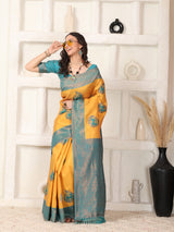 Musterd Rama Copper Zari Jaquard Weave Kanjivaram silk Saree with blouse Piece