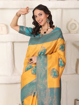 Musterd Rama Copper Zari Jaquard Weave Kanjivaram silk Saree with blouse Piece