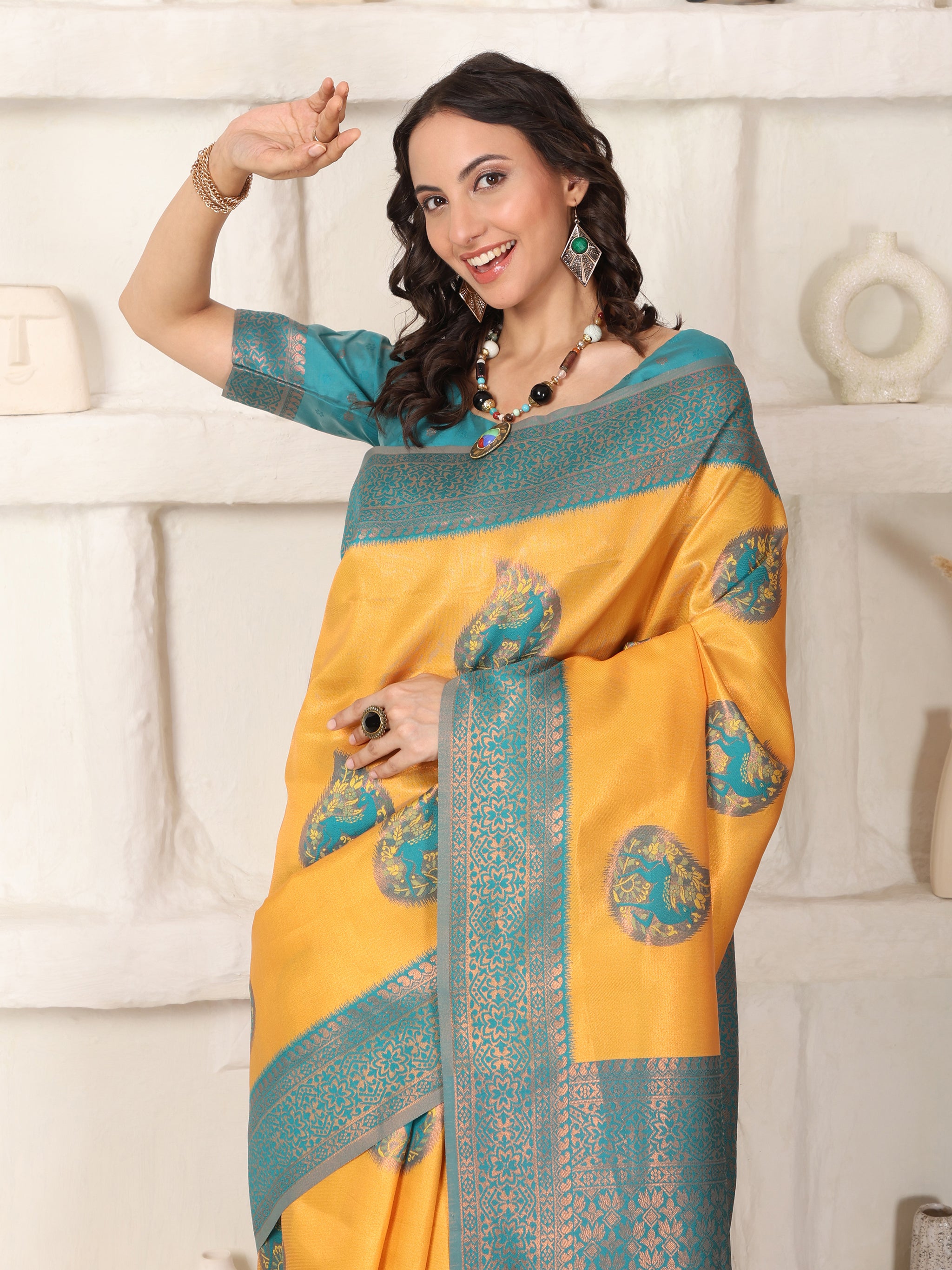 Musterd Rama Copper Zari Jaquard Weave Kanjivaram silk Saree with blouse Piece