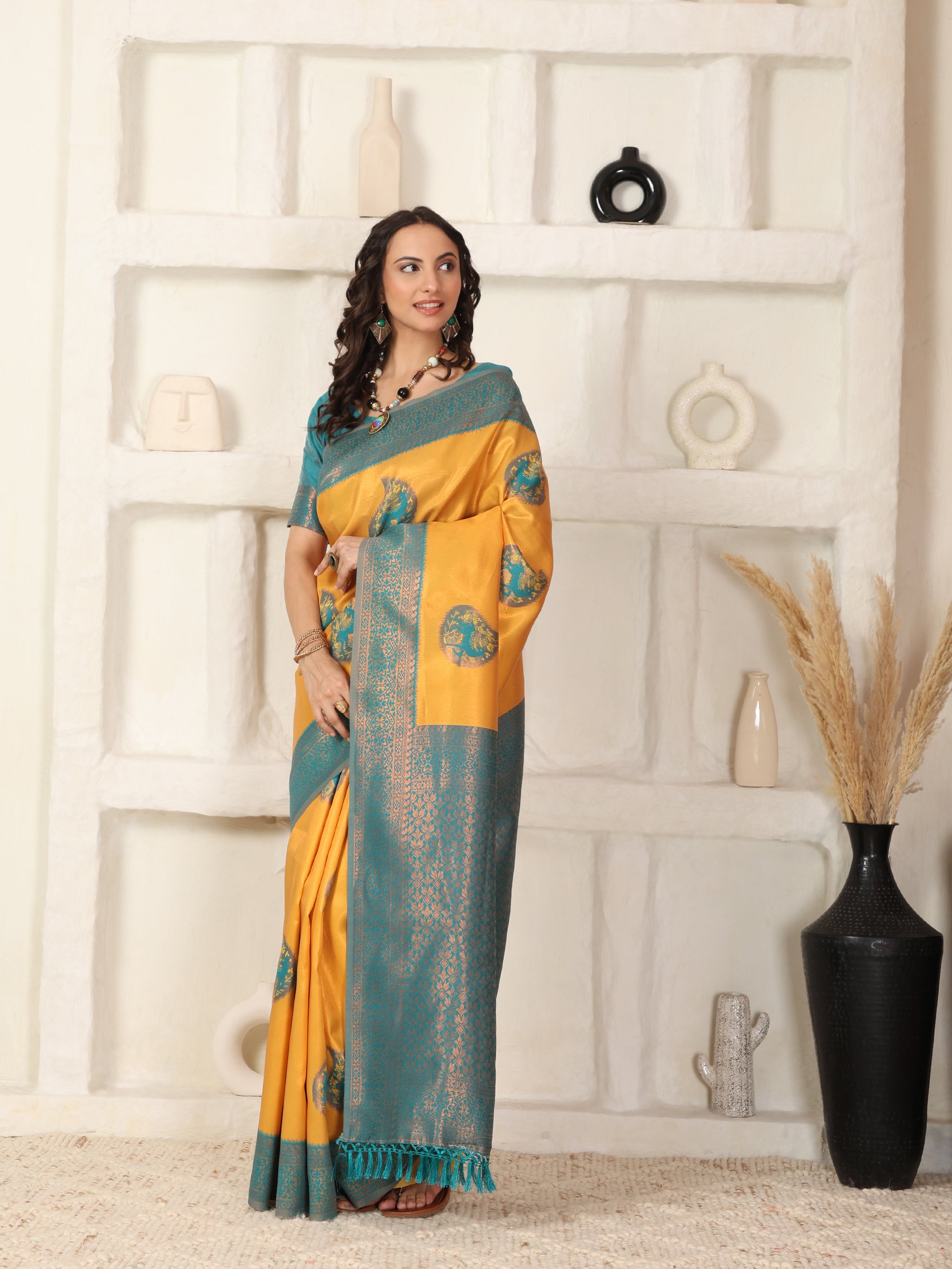 Musterd Rama Copper Zari Jaquard Weave Kanjivaram silk Saree with blouse Piece