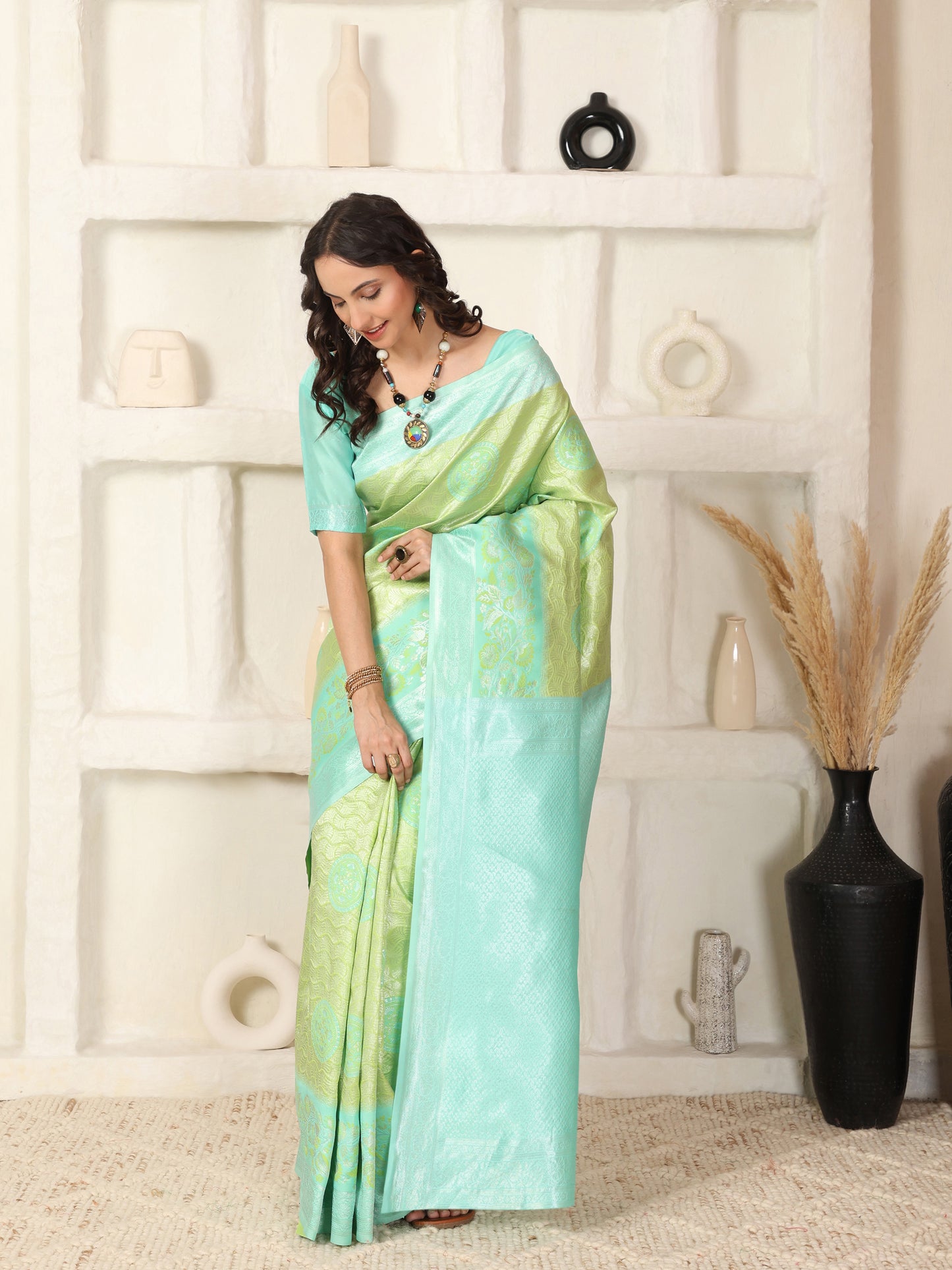 Greenish Blue Silver Zari Jaquard Kanjivaram silk Saree with blouse Piece