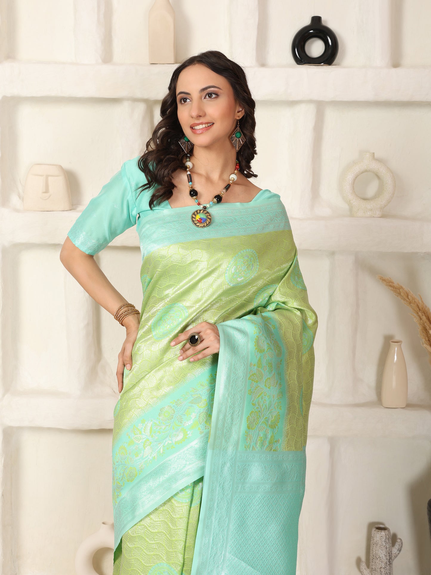 Greenish Blue Silver Zari Jaquard Kanjivaram silk Saree with blouse Piece