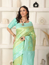 Greenish Blue Silver Zari Jaquard Kanjivaram silk Saree with blouse Piece