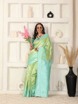 Greenish Blue Silver Zari Jaquard Kanjivaram silk Saree with blouse Piece