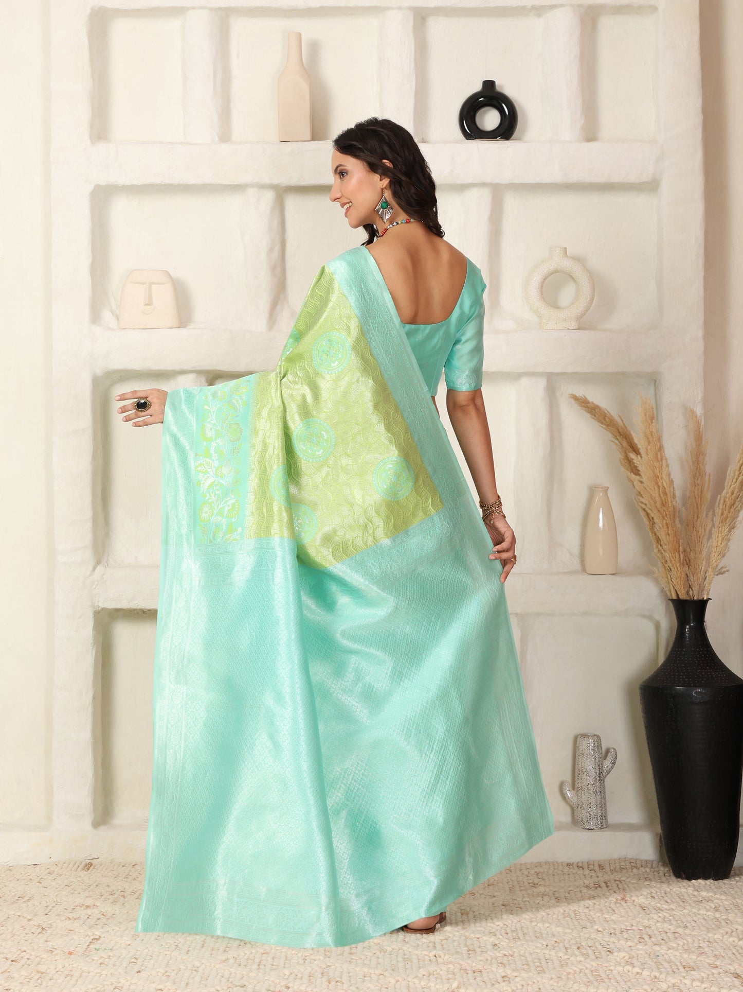 Greenish Blue Silver Zari Jaquard Kanjivaram silk Saree with blouse Piece