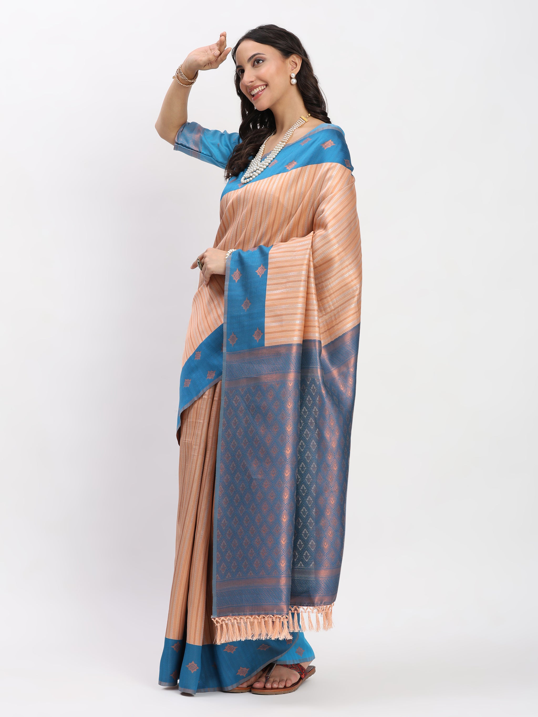 Morpich PeachCopper Zari Jaquard Weave Kanjivaram Silk Saree with Blouse Piece