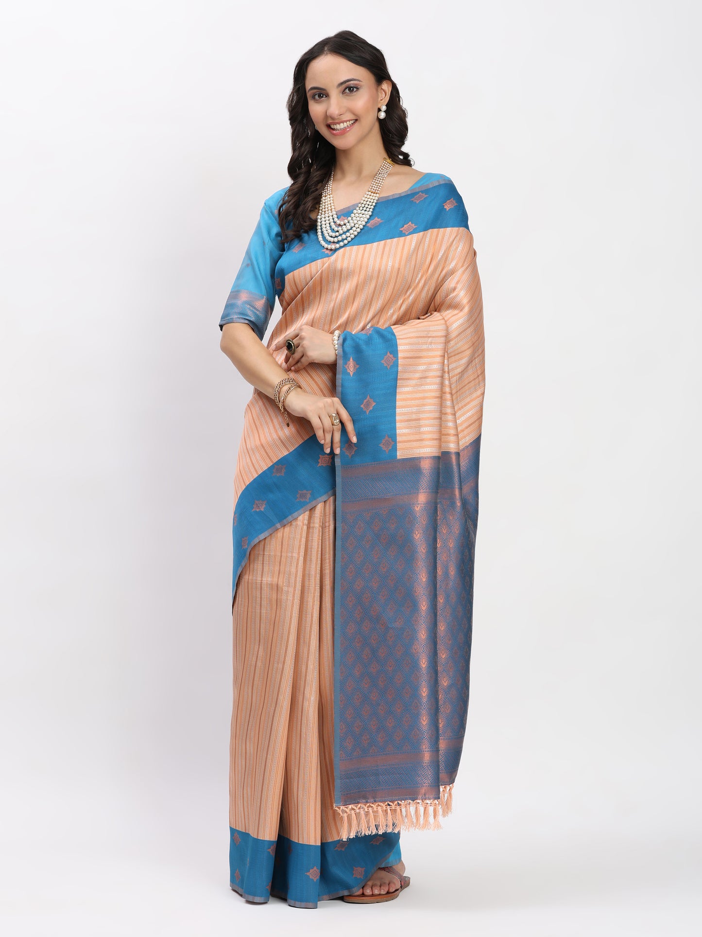 Morpich PeachCopper Zari Jaquard Weave Kanjivaram Silk Saree with Blouse Piece