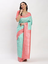 Gajari Greenish Silver Zari Jaquard Weave Kanjivaram Silk Saree with Blouse Piece