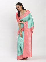 Gajari Greenish Silver Zari Jaquard Weave Kanjivaram Silk Saree with Blouse Piece