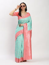 Gajari Greenish Silver Zari Jaquard Weave Kanjivaram Silk Saree with Blouse Piece