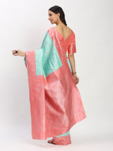 Gajari Greenish Silver Zari Jaquard Weave Kanjivaram Silk Saree with Blouse Piece