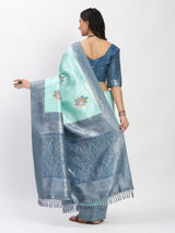 Gray SKY Green Silver Zari Jaquard Weave Kanjivaram Silk Saree with Blouse Piece