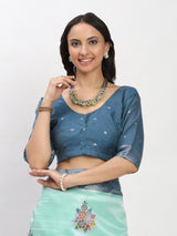 Gray SKY Green Silver Zari Jaquard Weave Kanjivaram Silk Saree with Blouse Piece