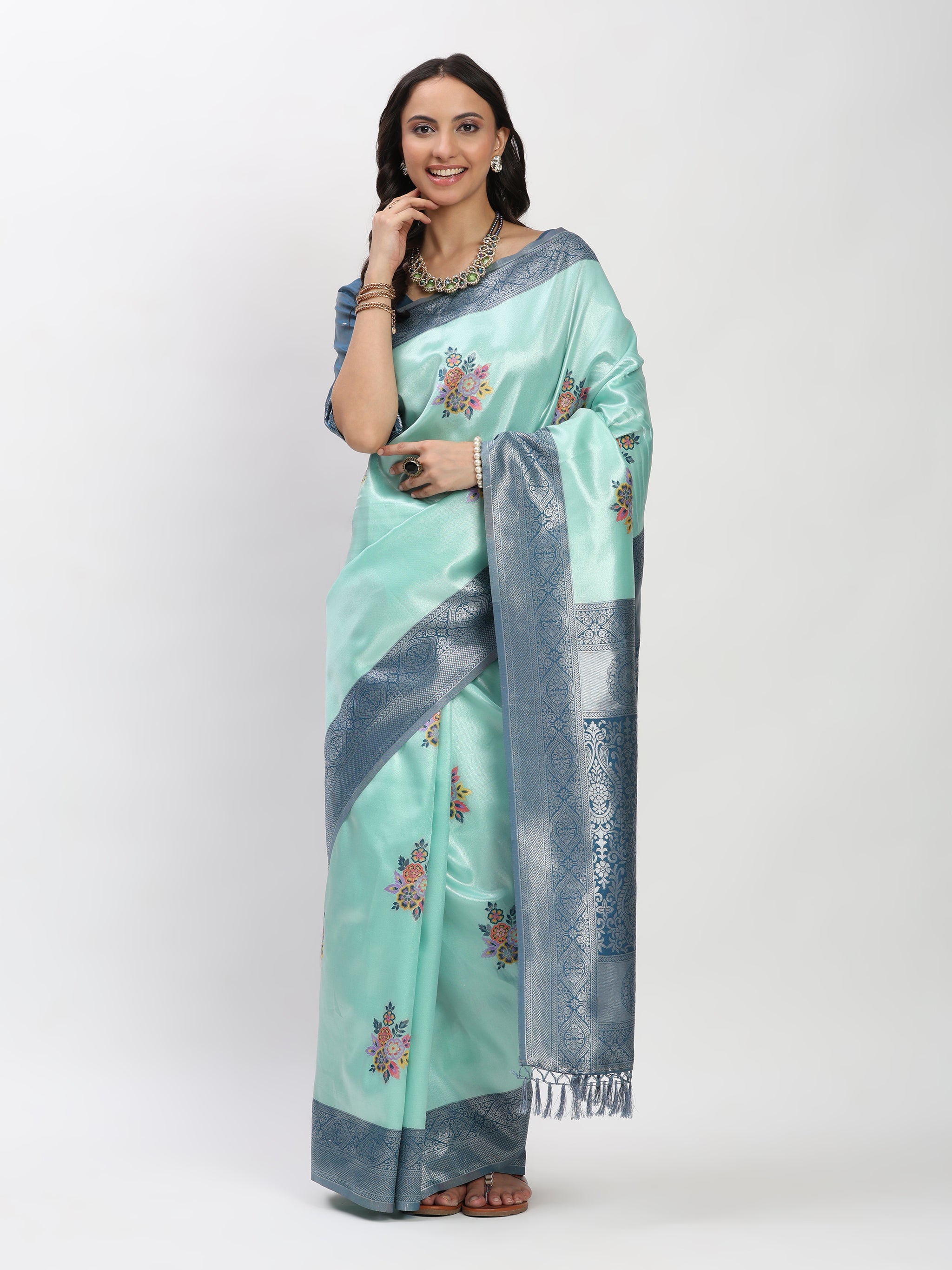 Gray SKY Green Silver Zari Jaquard Weave Kanjivaram Silk Saree with Blouse Piece