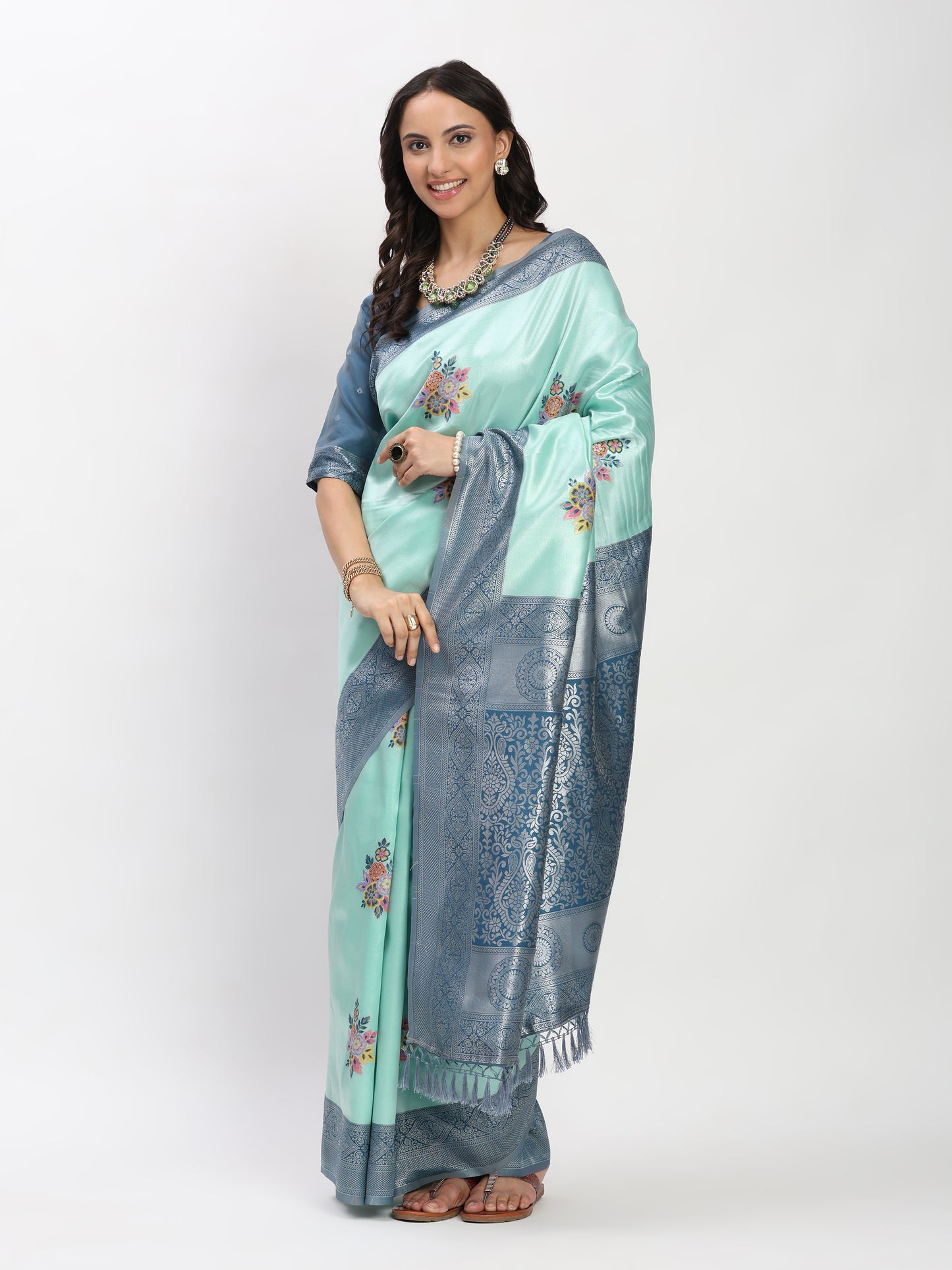 Gray SKY Green Silver Zari Jaquard Weave Kanjivaram Silk Saree with Blouse Piece
