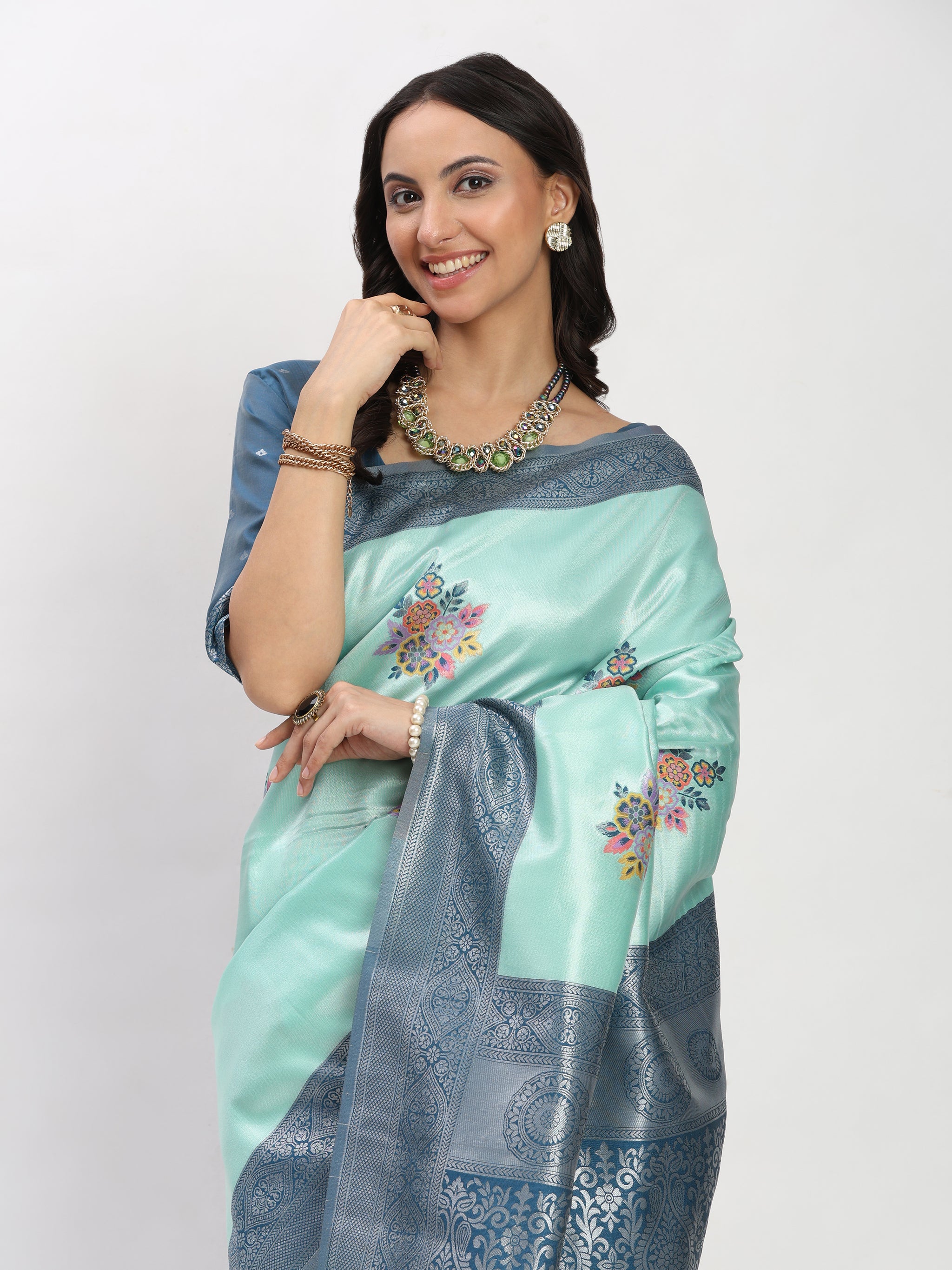 Gray SKY Green Silver Zari Jaquard Weave Kanjivaram Silk Saree with Blouse Piece