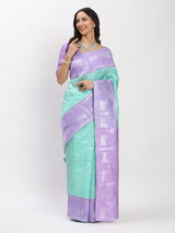Lovandar C.Green Silver Zari Jaquard Weave Kanjivaram Silk Saree with Blouse Piece