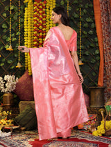 Peach Pink And Silver Zari Jaquard Weave Kanjivaram Silk Saree with Blouse Piece
