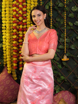 Peach Pink And Silver Zari Jaquard Weave Kanjivaram Silk Saree with Blouse Piece