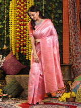Peach Pink And Silver Zari Jaquard Weave Kanjivaram Silk Saree with Blouse Piece