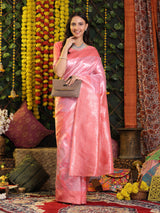 Peach Pink And Silver Zari Jaquard Weave Kanjivaram Silk Saree with Blouse Piece