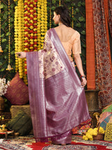 Wine Peach Silver Zari Jaquard Weave Kanjivaram Silk Saree with Blouse Piece