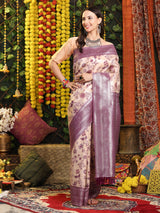 Wine Peach Silver Zari Jaquard Weave Kanjivaram Silk Saree with Blouse Piece