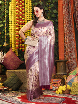 Wine Peach Silver Zari Jaquard Weave Kanjivaram Silk Saree with Blouse Piece