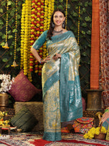 Rama Yellow Silver Zari Jaquard Weave Kanjivaram silk Saree with blouse Piece