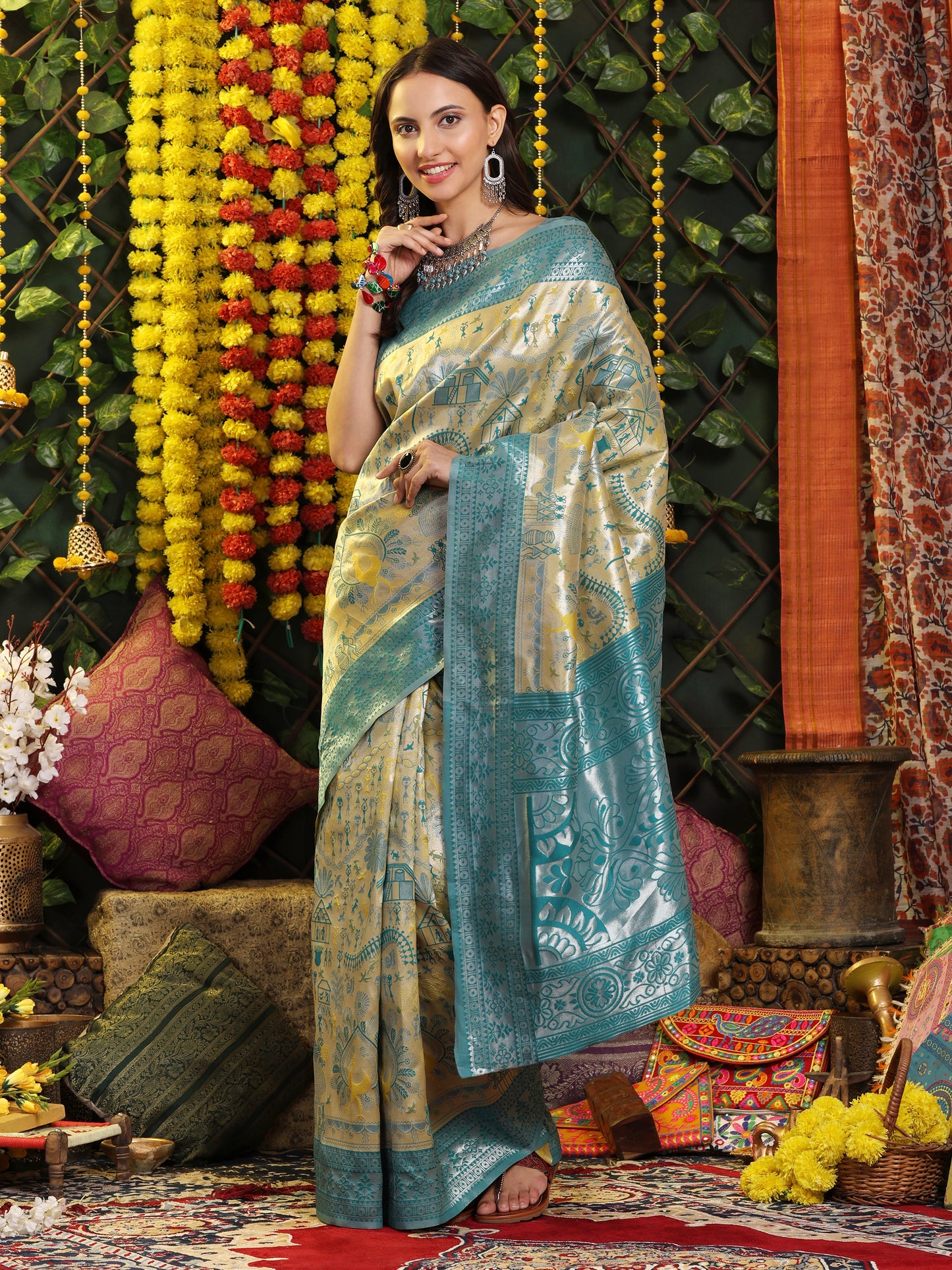 Rama Yellow Silver Zari Jaquard Weave Kanjivaram silk Saree with blouse Piece