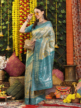 Rama Yellow Silver Zari Jaquard Weave Kanjivaram silk Saree with blouse Piece